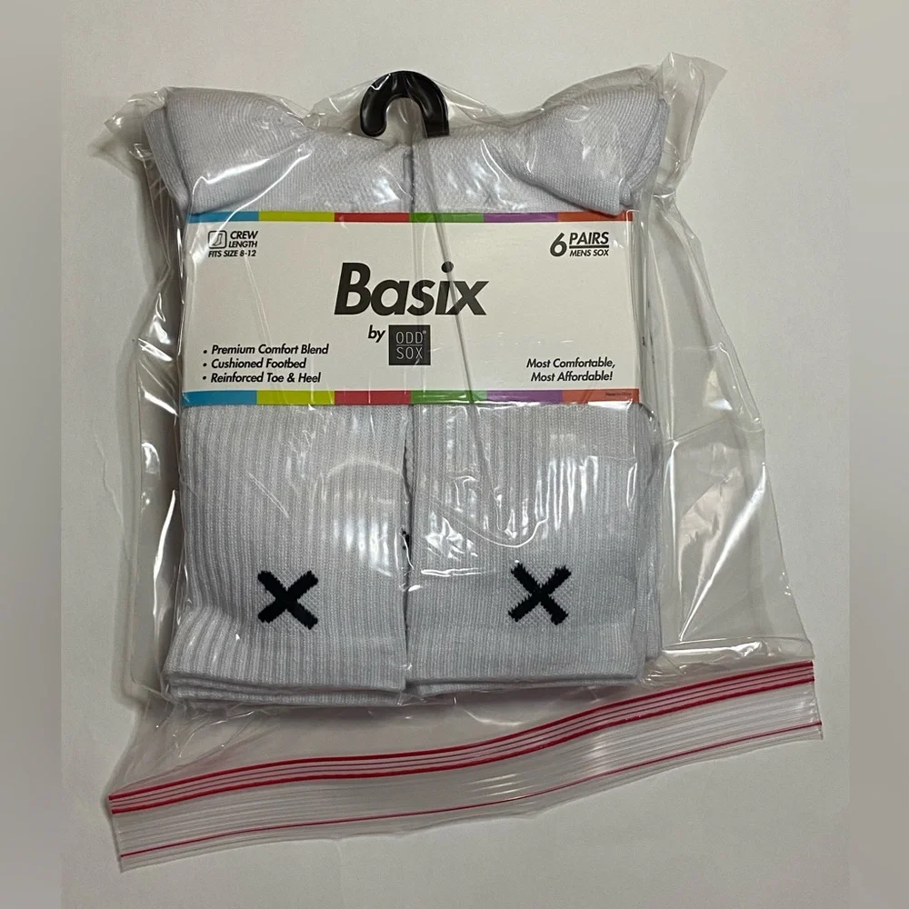 BASIX BY ODD SOX athletic Cushioned Crew Socks 6 Pairs tall white Black X logo
